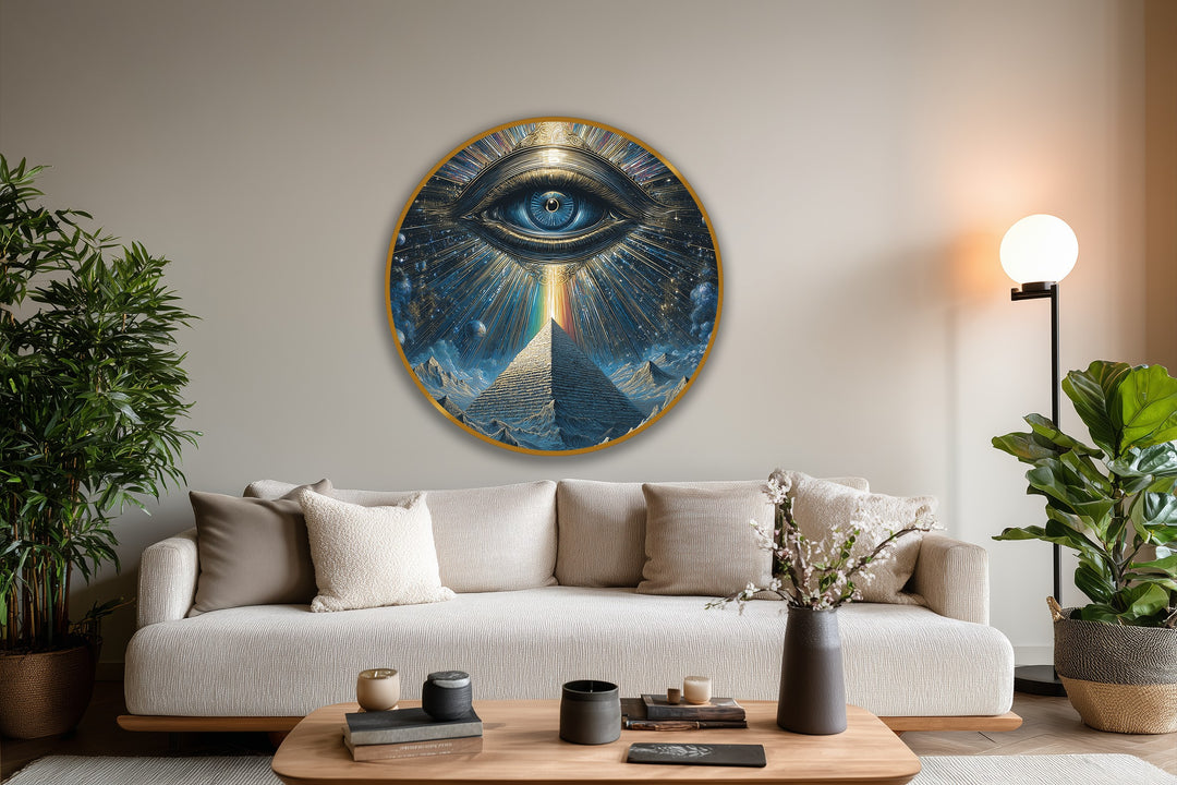 Ethereal mood conveyed in this round Celestial Vision oil painting art prints displaying a mystical pyramid eye radiating cosmic energy with gold accents.
