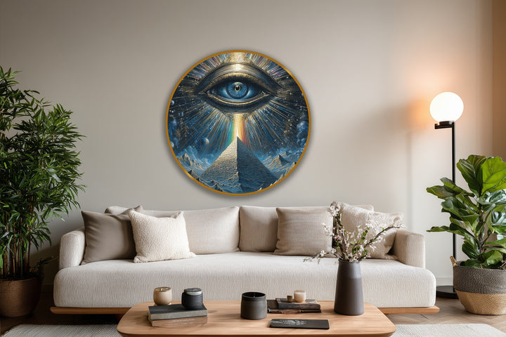 Ethereal mood conveyed in this round Celestial Vision oil painting art prints displaying a mystical pyramid eye radiating cosmic energy with gold accents.