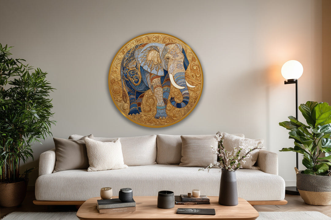 Soberano Dorado – Medallón de Elefante Ornamentado Redondo Cuadro al óleo