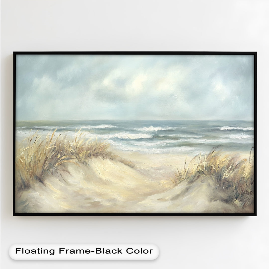 Tranquil beach landscape with soft ocean waves and sand dunes.
