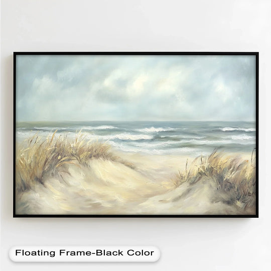 Dominated by the cool color palette, this oil painting reproduction print captures a serene beach scene featuring tranquil blues and neutral tans in a coastal dune landscape.