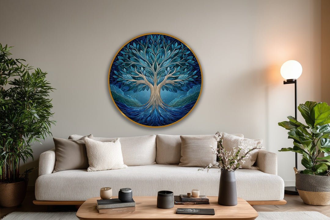 Featuring a luminous, hand-painted finish, the Midnight Harmony round oil painting wall art showcases a mesmerizing Tree of Life with rich texture and intricate brushstrokes.