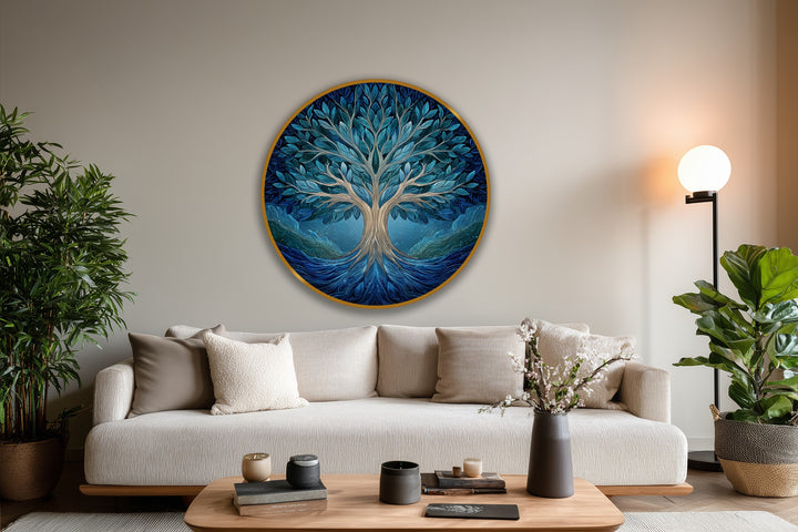 Featuring a luminous, hand-painted finish, the Midnight Harmony round oil painting wall art showcases a mesmerizing Tree of Life with rich texture and intricate brushstrokes.