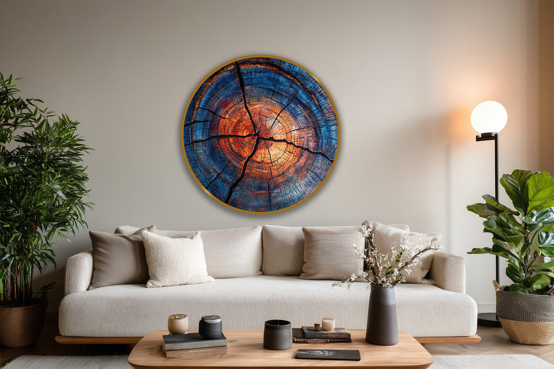 Dominating the room, the vibrant Ember Core round oil painting wall art showcases fiery orange tones radiating from the center, a modern oil painting wall art piece.