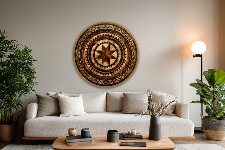 The stillness of the scene emphasizes the intricate details of the rustic tribal sunburst mandala, an oil painting reproduction print rich with geometric patterns.
