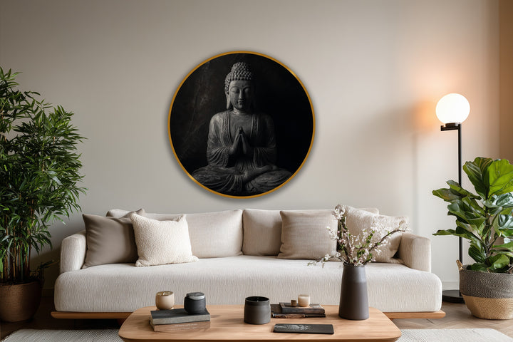 Alternating textures and tones in this oil painting art piece create a calming visual rhythm, enhanced by the Buddha's meditative pose within a striking circular frame.