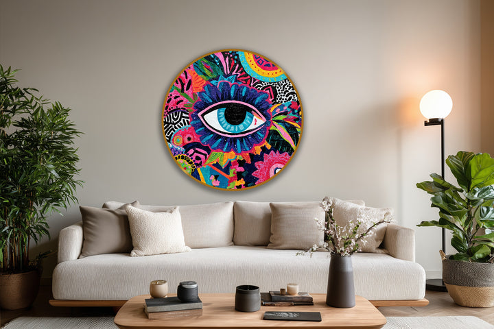 Showcasing the layering effect, this vivid, colorful abstract round oil painting uses depths and textures to build its modern oil painting art in the form of a mystic eye.