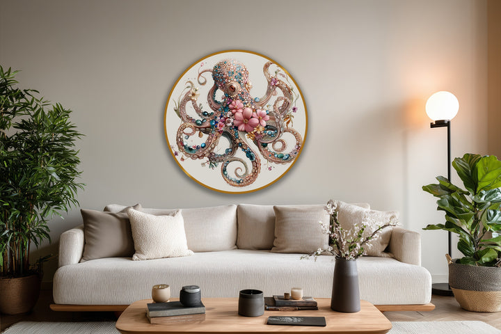 Featuring rich color saturation, the floral jeweled octopus round oil painting adds captivating interest with its elegant ocean motif in this example of oil painting home decor.