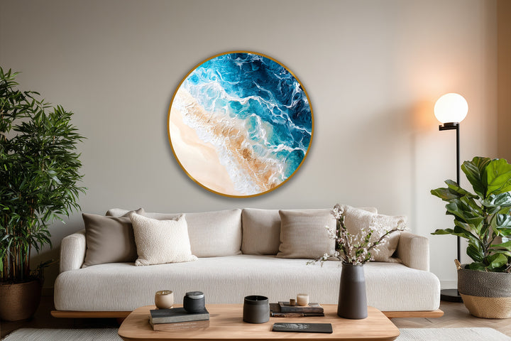 Calming coastal mood depicted in this turquoise ocean wave round oil painting, making it a beautiful oil painting art prints to inspire serenity in any space.