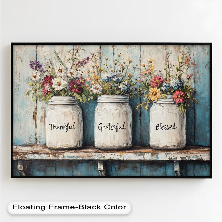 Thankful Grateful Blessed – Floral Jar Oil Painting