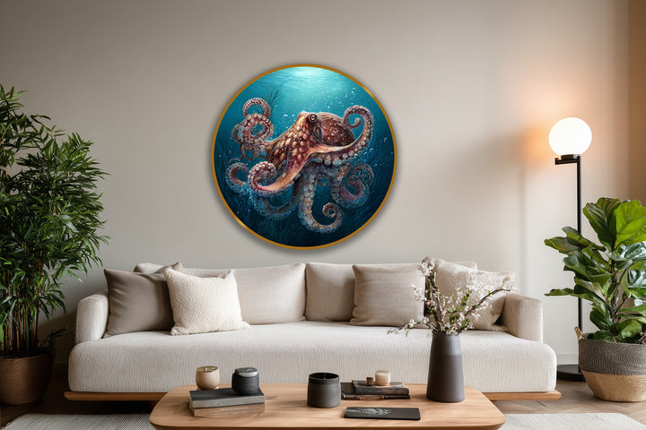 The central subject of this deep ocean guardian octopus round oil painting showcases a striking oil painting art piece with rich, marine-inspired colors.