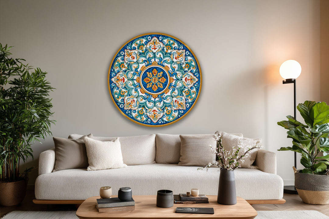 Negative space surrounds the ornamental mandala in this round oil painting decoration, drawing the eye to the baroque detailing and brilliant azure hues.