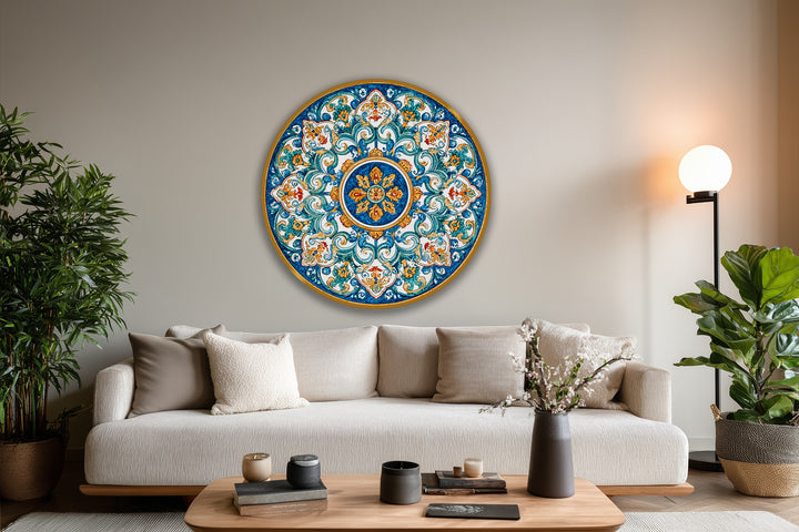 Negative space surrounds the ornamental mandala in this round oil painting decoration, drawing the eye to the baroque detailing and brilliant azure hues.