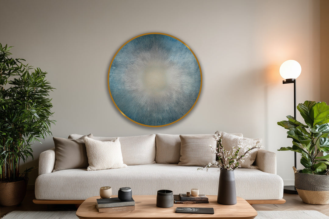 The stillness of the radiant horizon abstract sunburst round conveys the essence of oil painting home decor through its circular form.