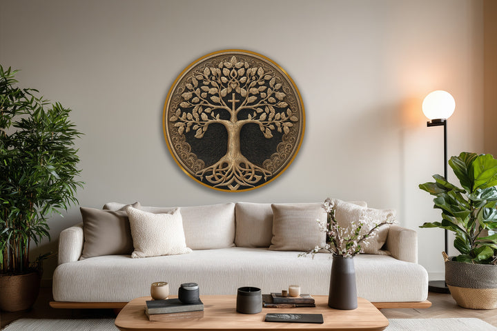 The stillness of the sacred tree of life round oil painting home decor is emphasized by the gold design and cross detail, giving a sense of peace.