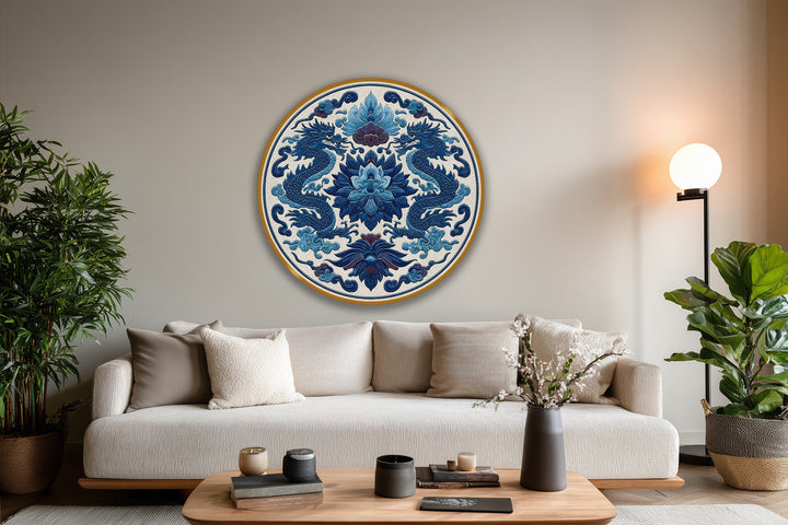 The realistic detail of this oil painting art piece shows a handcrafted royal blue twin dragons round oil painting with detailed floral patterns.