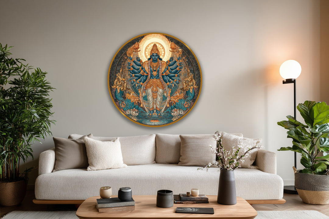 Light and shadow accentuate the divine figure in this round oil painting wall art, highlighting the intricate details of the multi-armed deity and their sacred aura.