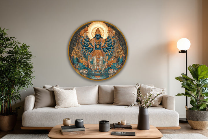 Light and shadow accentuate the divine figure in this round oil painting wall art, highlighting the intricate details of the multi-armed deity and their sacred aura.
