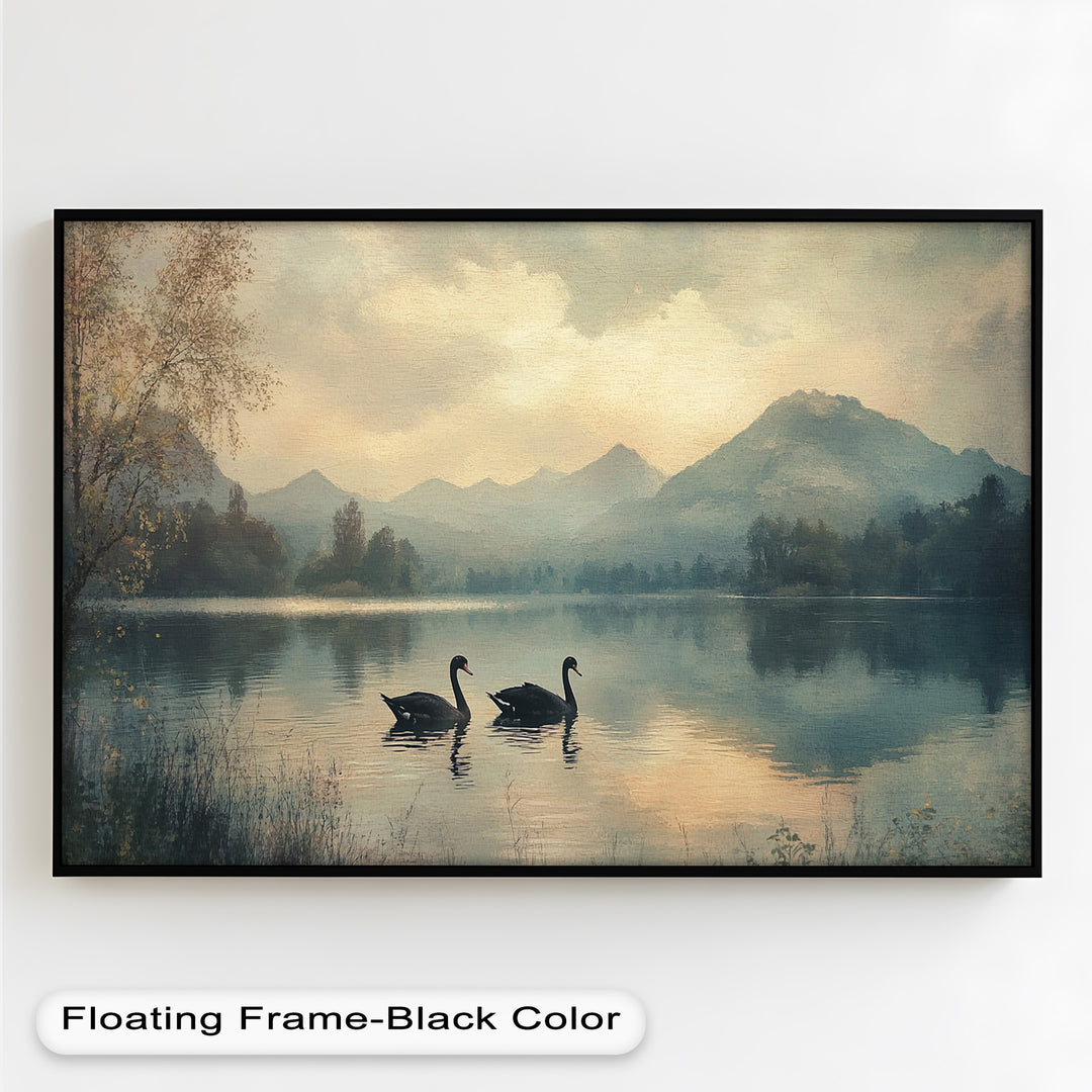Black Swans on a Mountain Lake – Modern Oil Painting