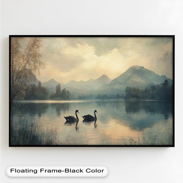 Black Swans on a Mountain Lake – Modern Oil Painting