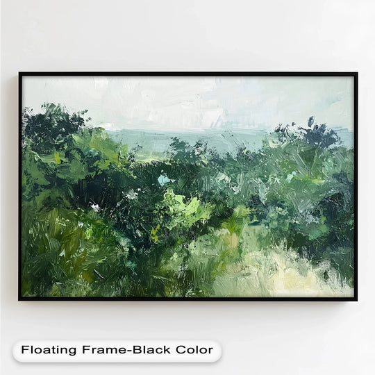 The focal point bursts with vibrant greens, creating a captivating abstract landscape that enhances the oil painting decoration of this textured 'Verdant Silence'.