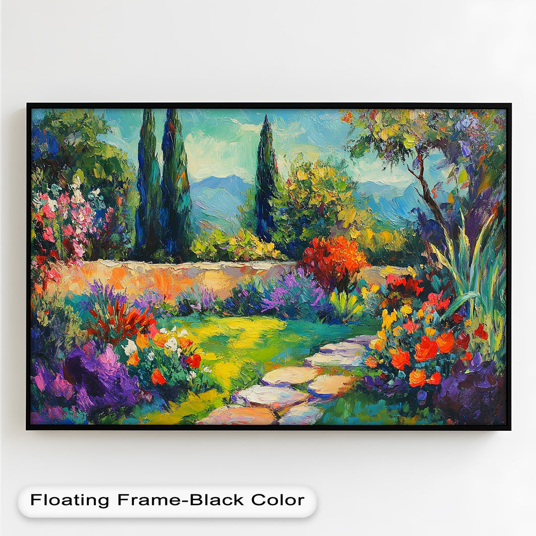 Sunlit Garden Path Oil Painting – Fauvist Outdoor Floral Landscape