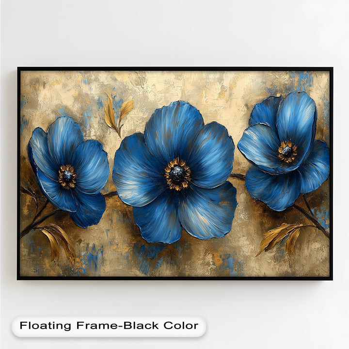 Golden Beige Elegance – Royal Blue Floral Trio Flower Oil Painting