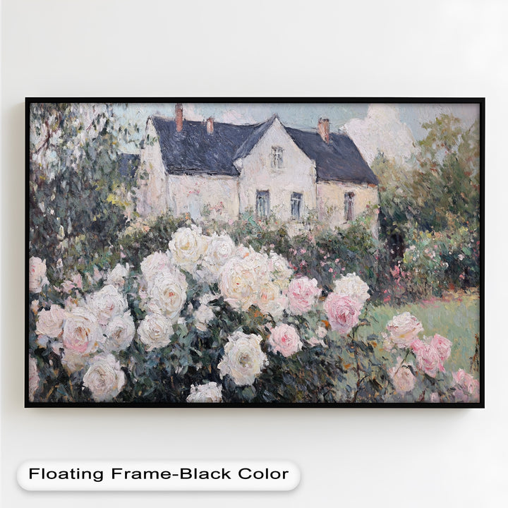 Cottage Garden Roses – Impressionist Floral House Scene Oil Painting