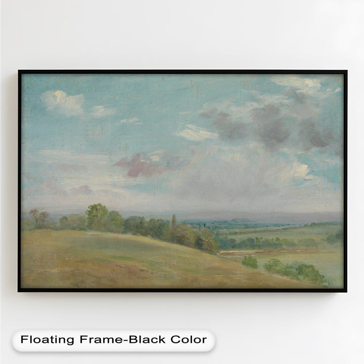 A classic impressionist-style artwork capturing the tranquility of nature, with soft brushstrokes blending earthy greens and blues into a dreamy rural scene.

