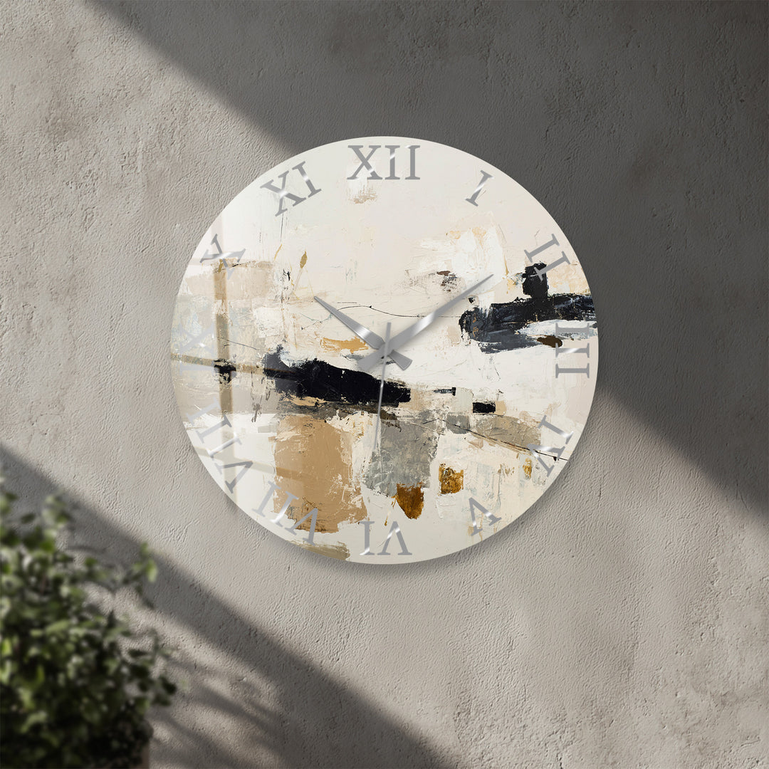 Neutral Abstract Glass Wall Clock – Black and Beige Modern Art