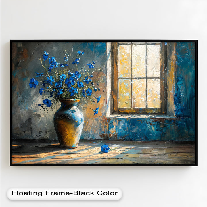 Blue Flowers in Vase – Rustic Still Life Oil Painting