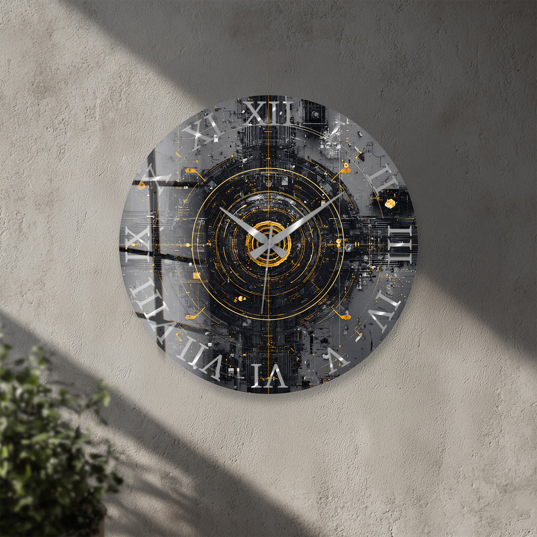 Industrial Abstract Glass Wall Clock – Black and Gold Tech Art