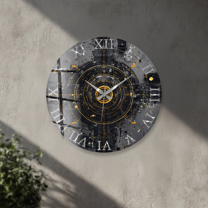 Industrial Abstract Glass Wall Clock – Black and Gold Tech Art