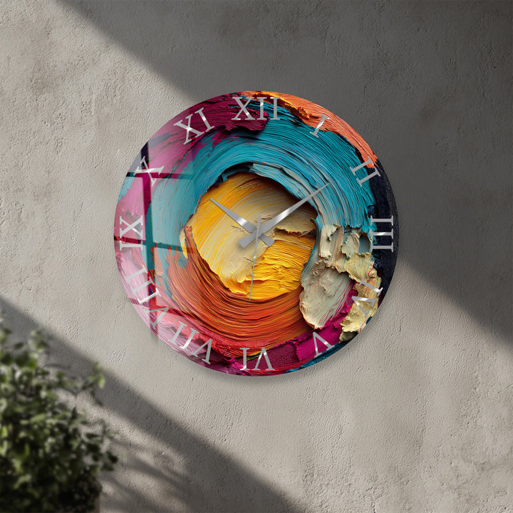 Colorful Abstract Glass Wall Clock – Vibrant Impasto Swirl Art