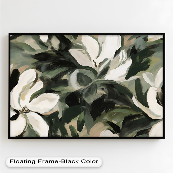Cream Blooms in Forest Green - Flower Oil Painting