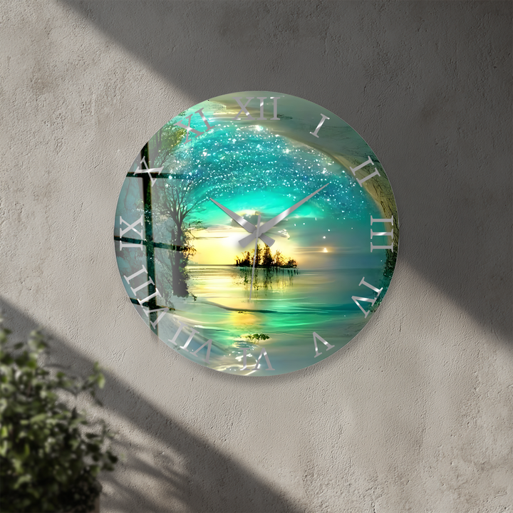 Enchanted Lake Glass Wall Clock – Turquoise Fantasy Landscape