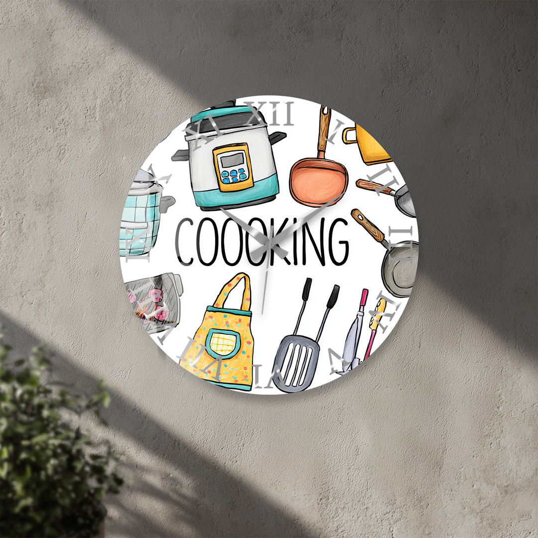 Colorful Cooking Glass Wall Clock – Kitchen Utensil Decor