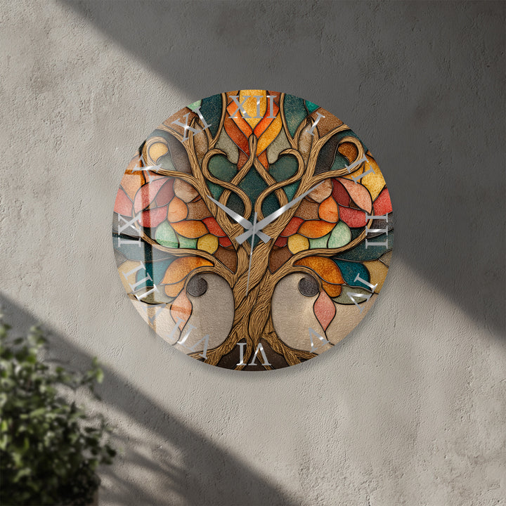 Autumn Tree of Life Glass Wall Clock – Stained Glass Style Decor