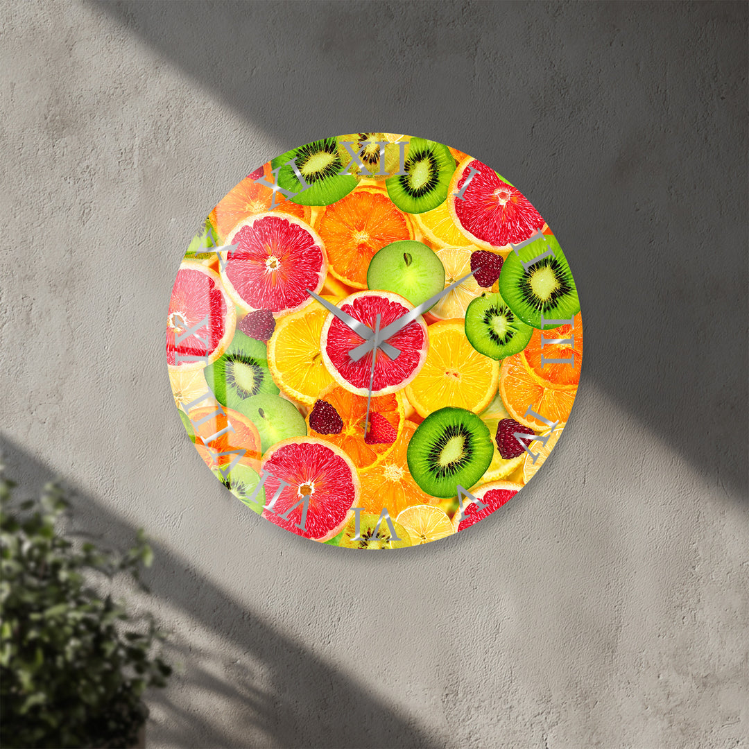 Colorful Fruit Glass Wall Clock – Citrus Kitchen Wall Decor