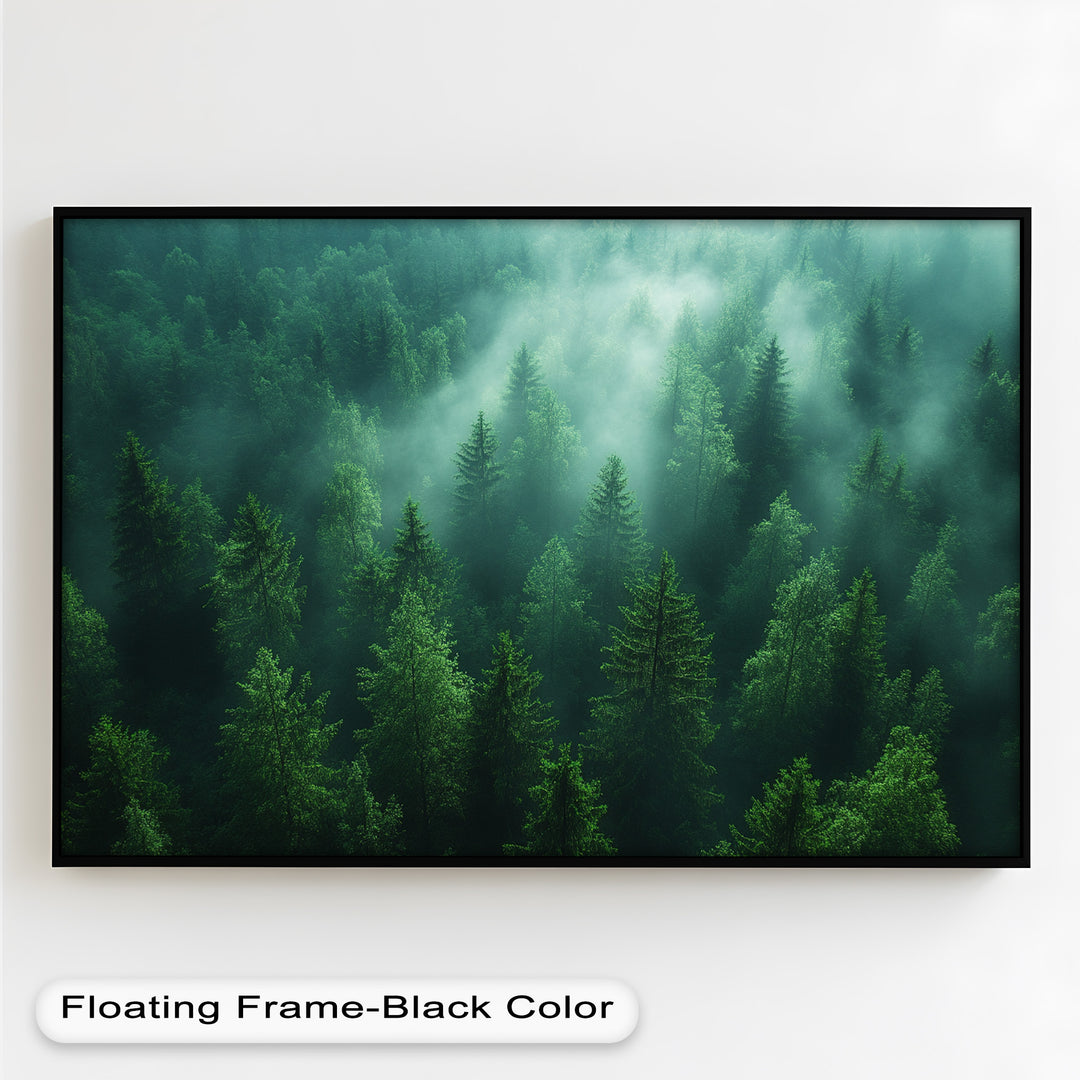A mesmerizing forest scene unfolds as mist drifts through a dense canopy of evergreens, creating an ethereal and mysterious atmosphere.