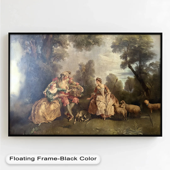 The focal point of this oil painting reproduction print showcases a pastoral courtship in the countryside, evoking a vintage charm with shepherdesses and noble figures amid wooded scenery.