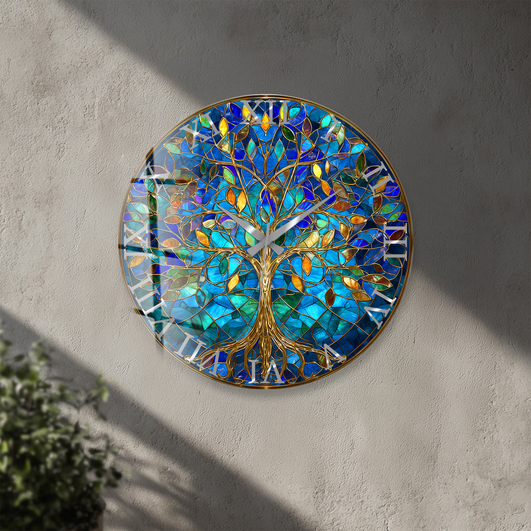 Blue Tree of Life Glass Wall Clock – Gold Stained Glass Style