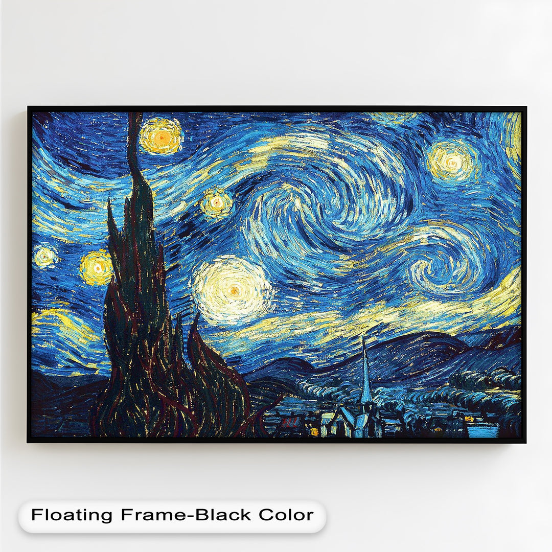 Emotive night scene featuring swirling patterns of stars and moonlight above a peaceful town.

