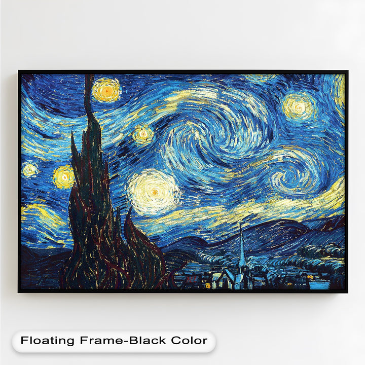 Emotive night scene featuring swirling patterns of stars and moonlight above a peaceful town.

