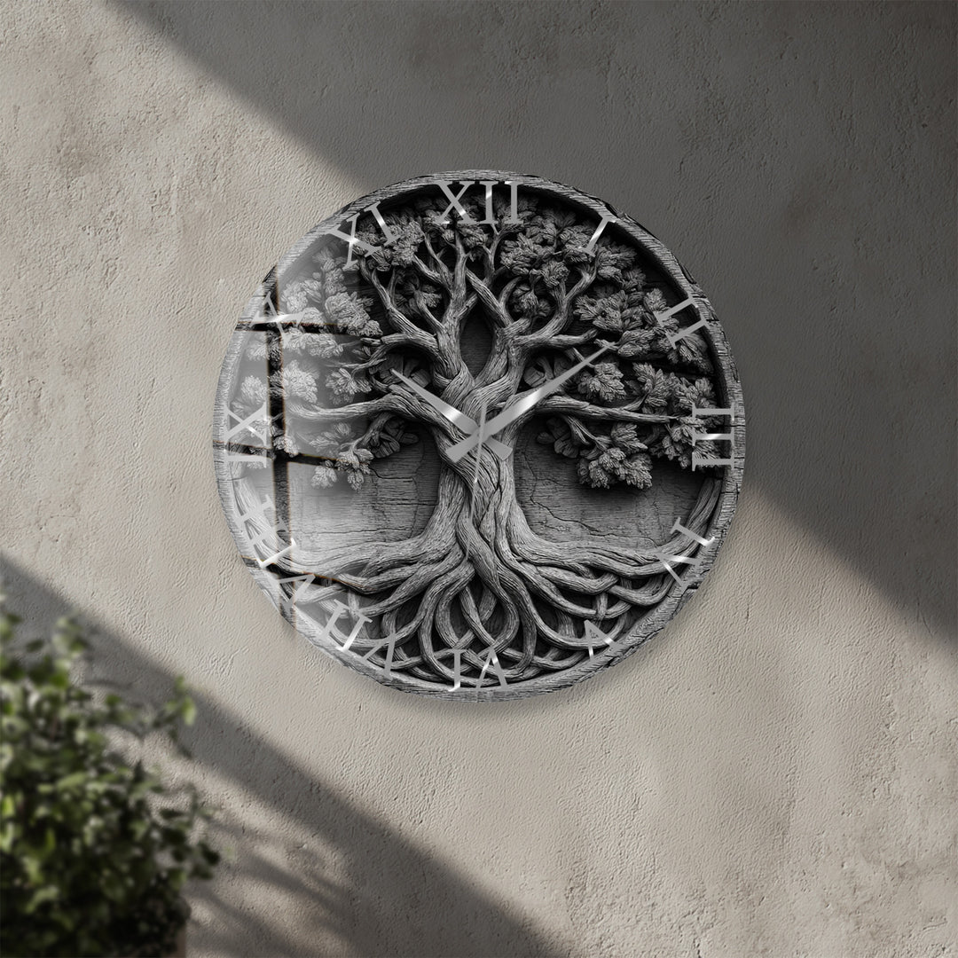Black and White Tree of Life Glass Wall Clock – Celtic Style Art