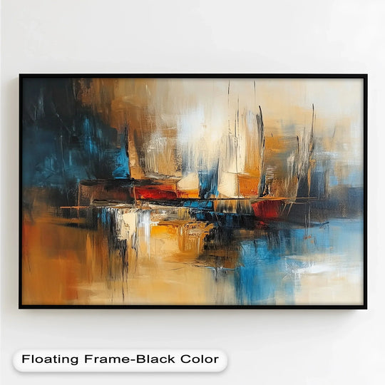Juxtaposing blues and golds create striking color contrast in this abstract oil painting art piece titled 'Sails in Stillness – Sunset Reflections.'