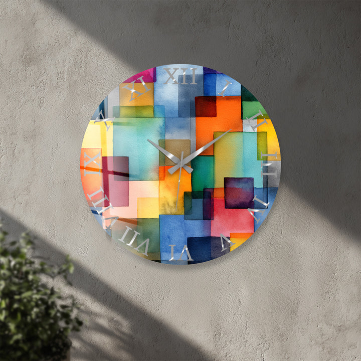 Colorful Geometric Glass Wall Clock – Abstract Color Block Art