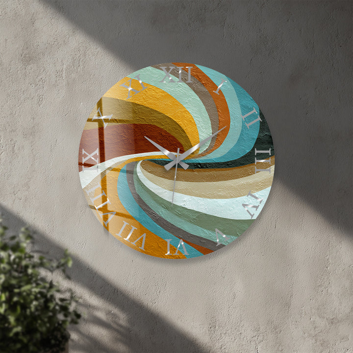Retro Wave Glass Wall Clock – Teal and Mustard Abstract Decor