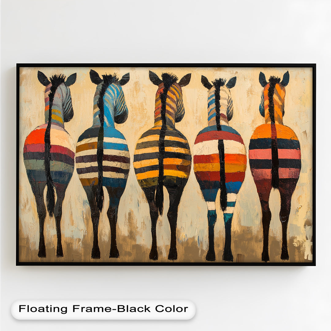 Five Colorful Zebras with Bold Stripes – Animal Oil Painting
