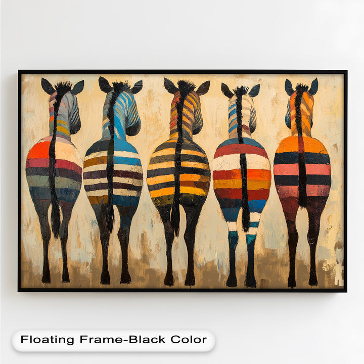 Five Colorful Zebras with Bold Stripes – Animal Oil Painting